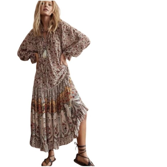 Free People Feeling Groovy Border Maxi Dress Bohemian Printed Tiered Size S - Picture 7 of 16